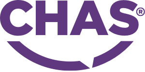 A purple logo for chas with a smile on it