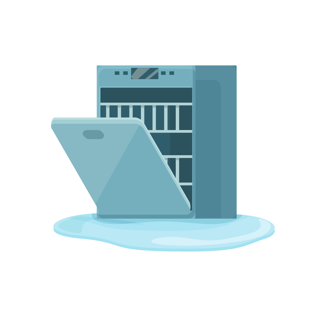 A cartoon illustration of a dishwasher with its door open.