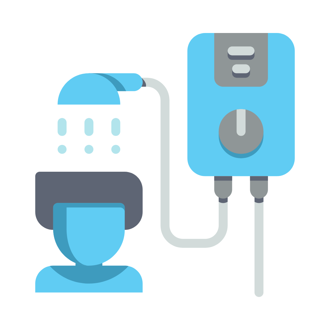 A man is taking a shower with a water heater attached to his head.