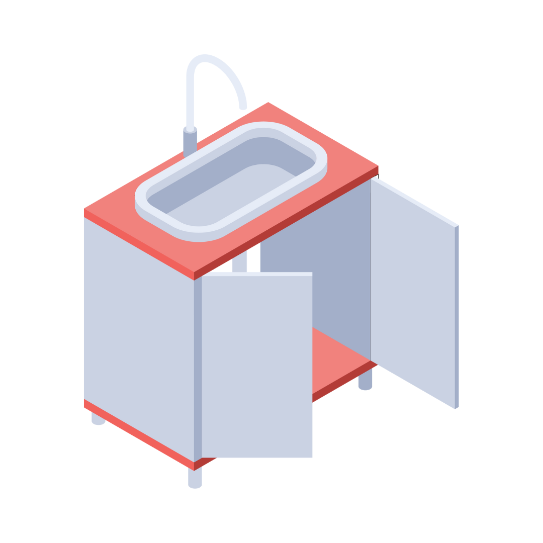 An isometric illustration of a sink with its doors open.