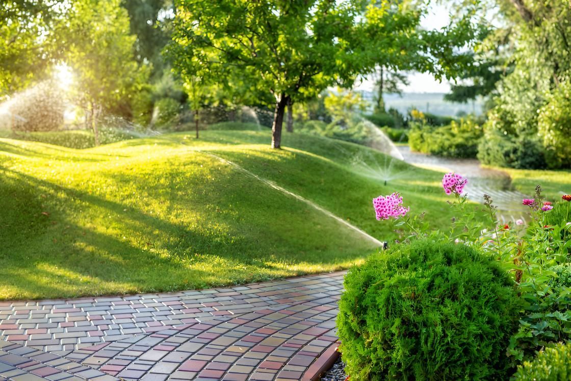 A Sprinkler Is Spraying Water On A Lush Green Lawn In A Park — All Aspects Landscaping In Caloundra, QLD