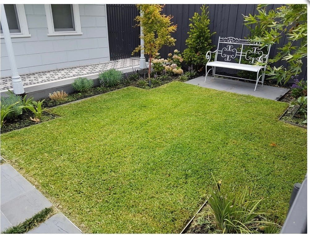 A White Bench Is Sitting In The Middle Of A Lush Green Lawn — All Aspects Landscaping In Peregian Beach, QLD