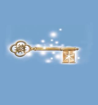 A gold key is glowing in the dark on a blue background.