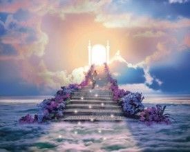 A person is walking up a set of stairs to heaven.