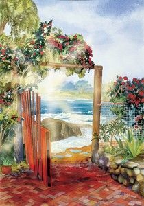 A painting of a red gate leading to the ocean.