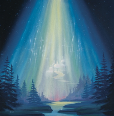 A painting of the aurora borealis over a river surrounded by trees.