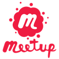 A red and white logo for a company called meetup