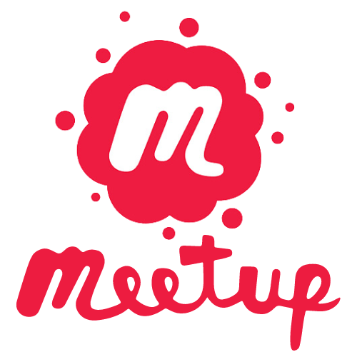 A red and white logo for a company called meetup