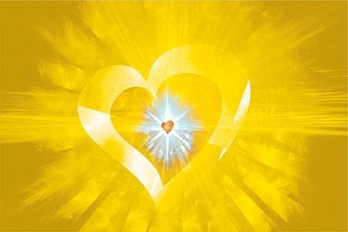 A heart with a light coming out of it on a yellow background.