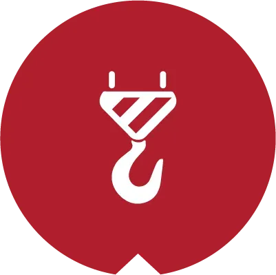 A white crane hook icon centered on a red circular background with a small cutout at the bottom.