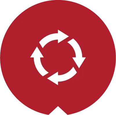 A white circular arrow icon set against a solid red background.