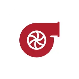 A dark red icon of a turbocharger, featuring a central fan design against a plain white background.