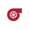 A dark red icon of a turbocharger, featuring a central fan design against a plain white background.