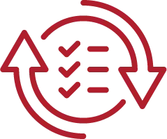 A dark red icon of a checklist inside a circular arrow, symbolizing recurring tasks or continuous updates.