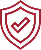 A red-outlined shield icon containing a red checkmark on a white background.