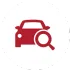 A solid red icon featuring a stylized car silhouette with a magnifying glass overlaid on the front.