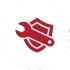 A dark red icon featuring a wrench placed diagonally over a shield shape.