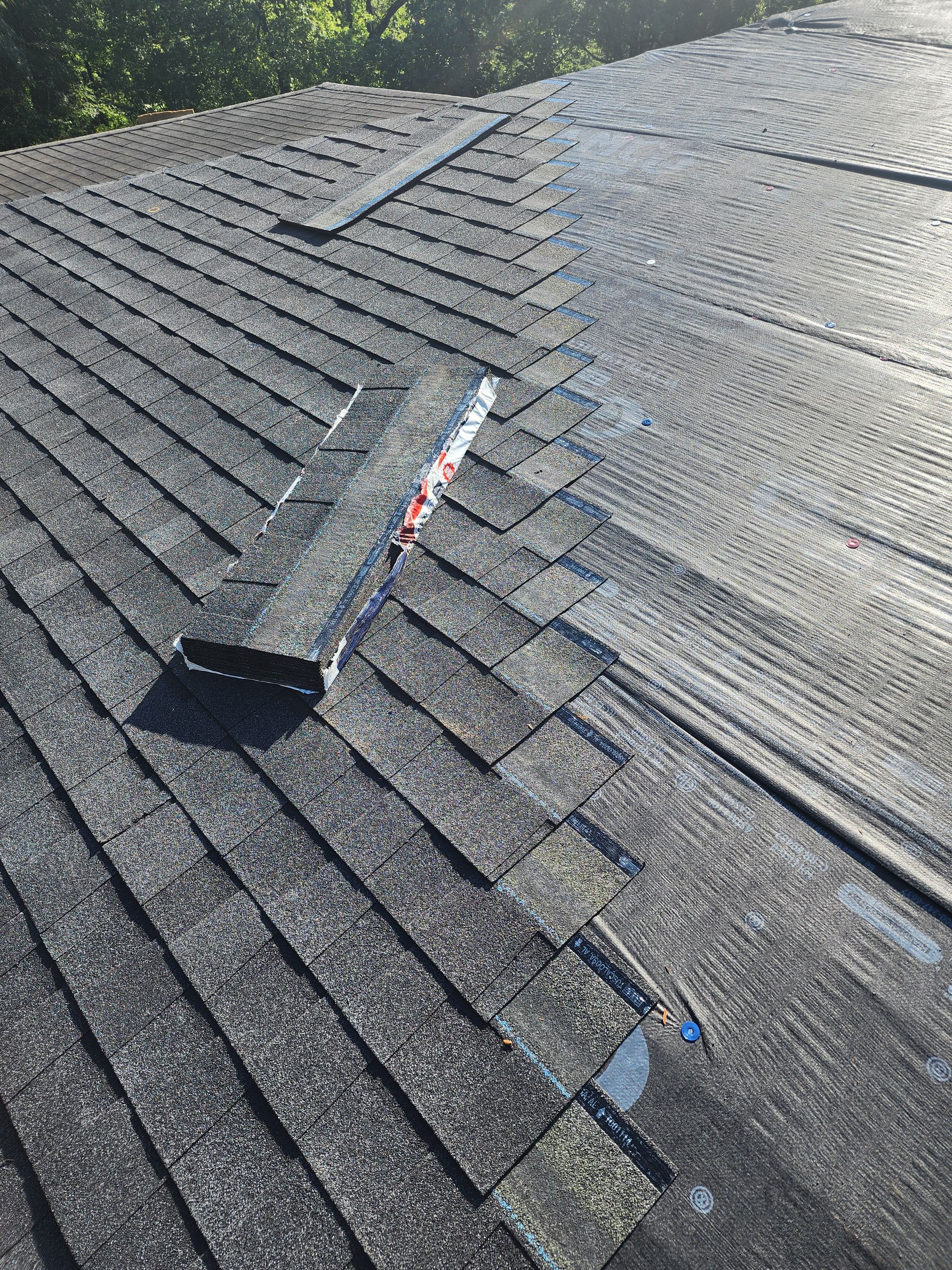 Dark asphalt shingle roof with damaged and missing shingles. Bright sunlight.