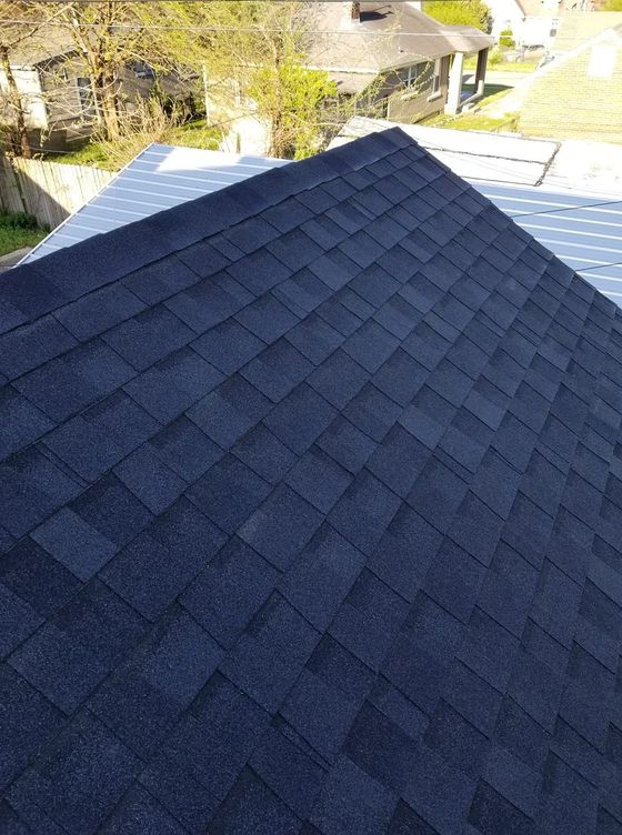 Dark asphalt shingle roof with visible angles, sunlight.