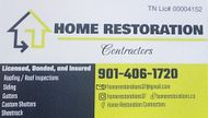 Business card for Home Restoration Contractors: Yellow background, black text, phone number, roofing, siding, gutters.
