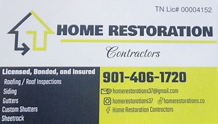 Business card for Home Restoration Contractors: Yellow background, black text, phone number, roofing, siding, gutters.