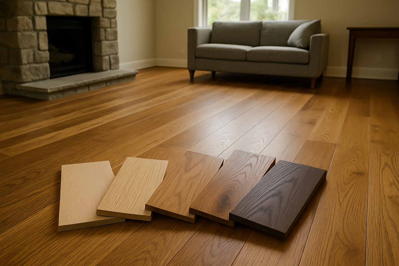 Wooden floor samples displayed on wood floor in a room with a fireplace and couch.