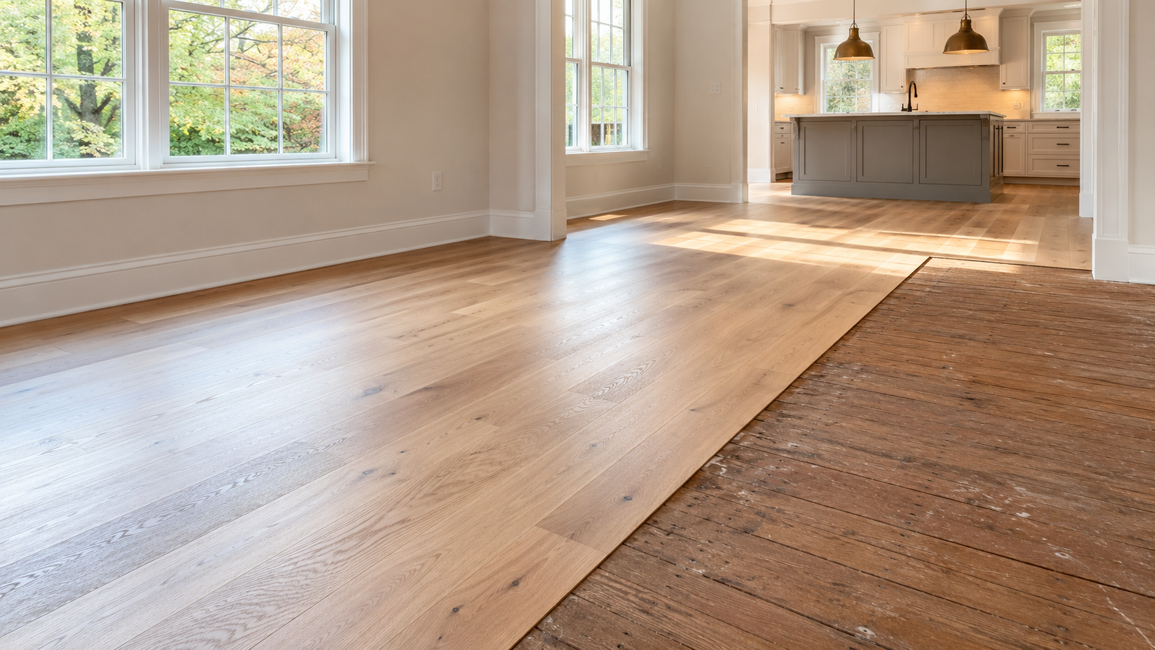 Spacious room with light wood flooring under installation, leading to a bright kitchen area.