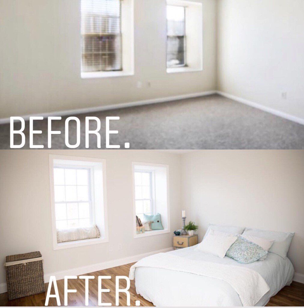 Before and after of a bedroom makeover: gray carpet turns to wood floor with white bed, pillows, and small decor.
