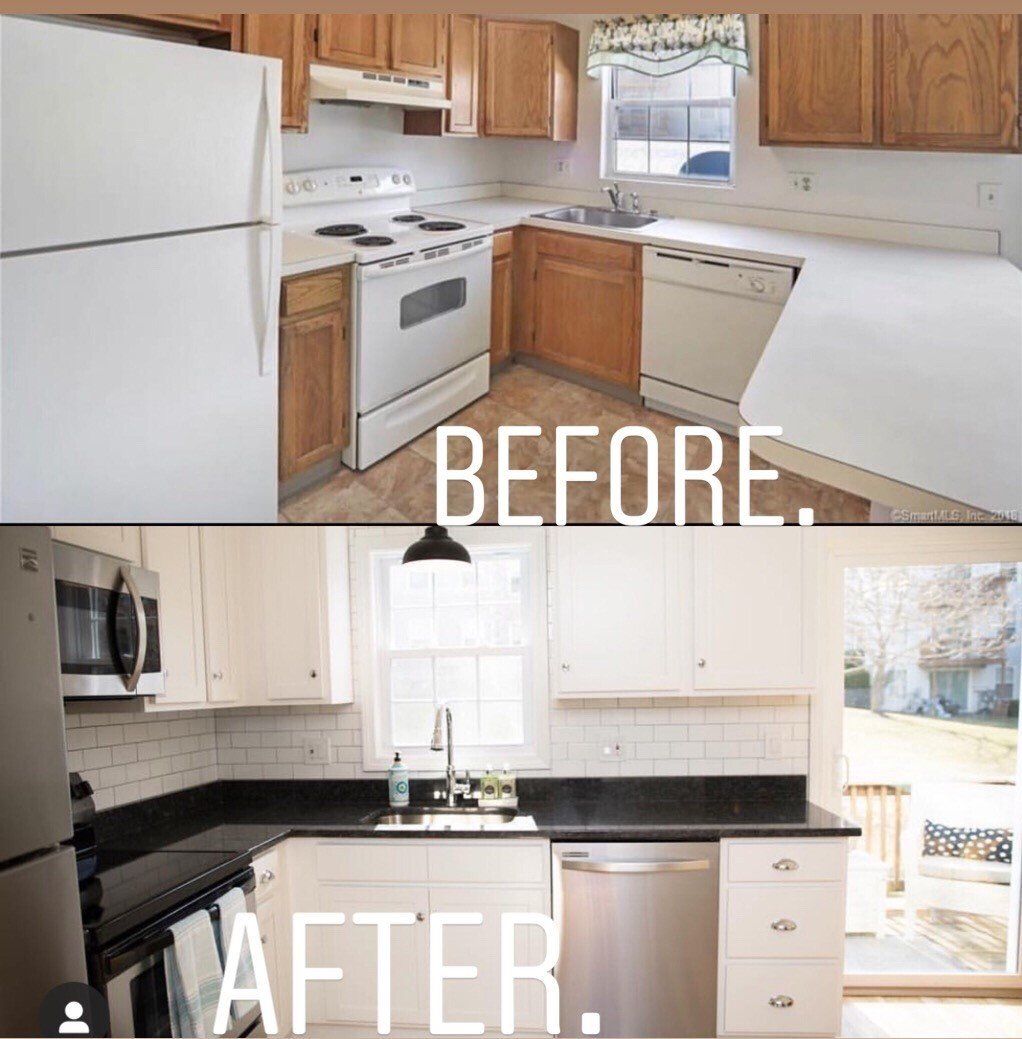 Before and after kitchen renovation: wooden to white cabinets, dark countertops, and updated appliances.