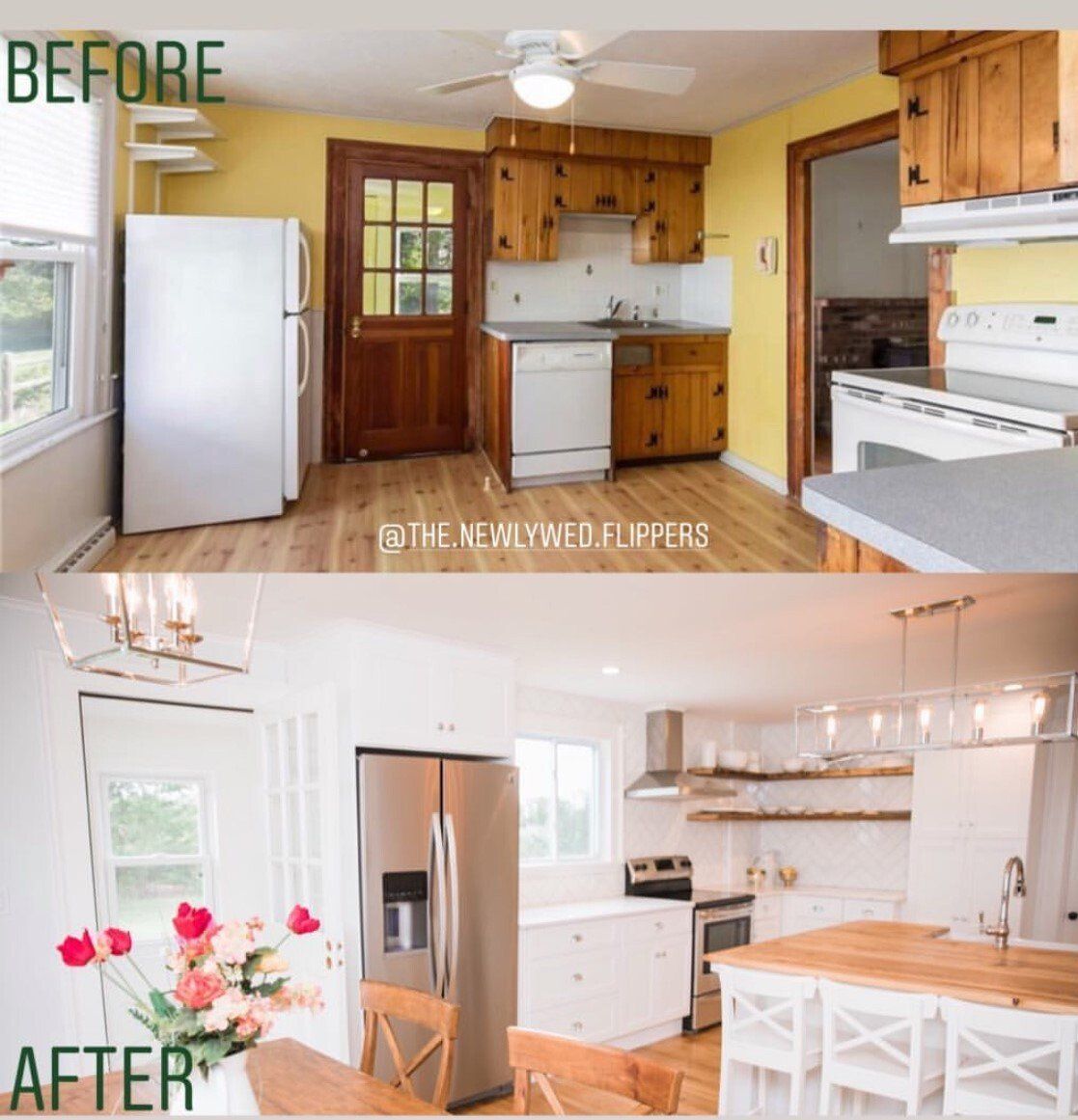 Before & after: Old kitchen with yellow walls, wood cabinets; new kitchen with white cabinets, stainless steel appliances.