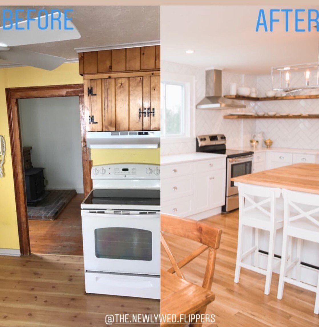 Before/after kitchen renovation: old kitchen with yellow walls, new kitchen with white cabinets and wood island.