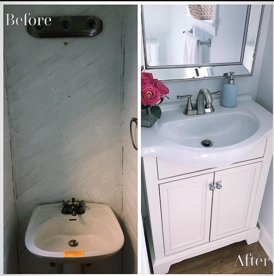 Bathroom renovation before and after: old, cramped space transforms into a bright, modern vanity with sink and cabinet.