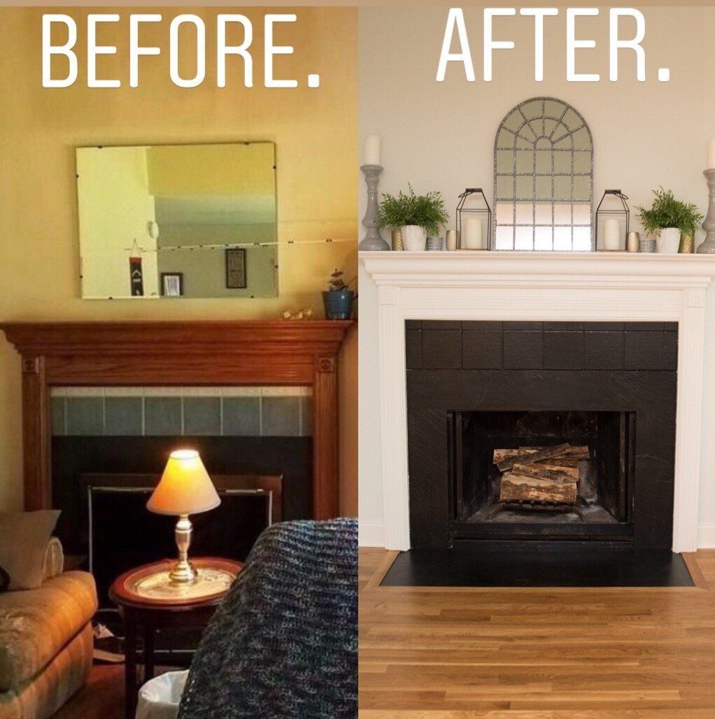 Before and after photo of a fireplace transformation. The 