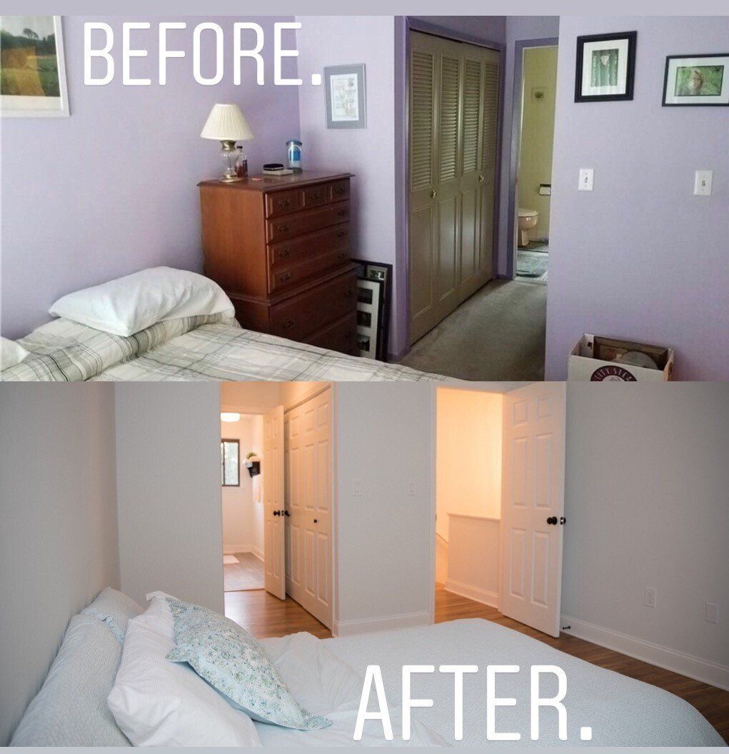 Bedroom renovation before and after. Top: Lavender walls, old dresser. Bottom: White walls, new closet.