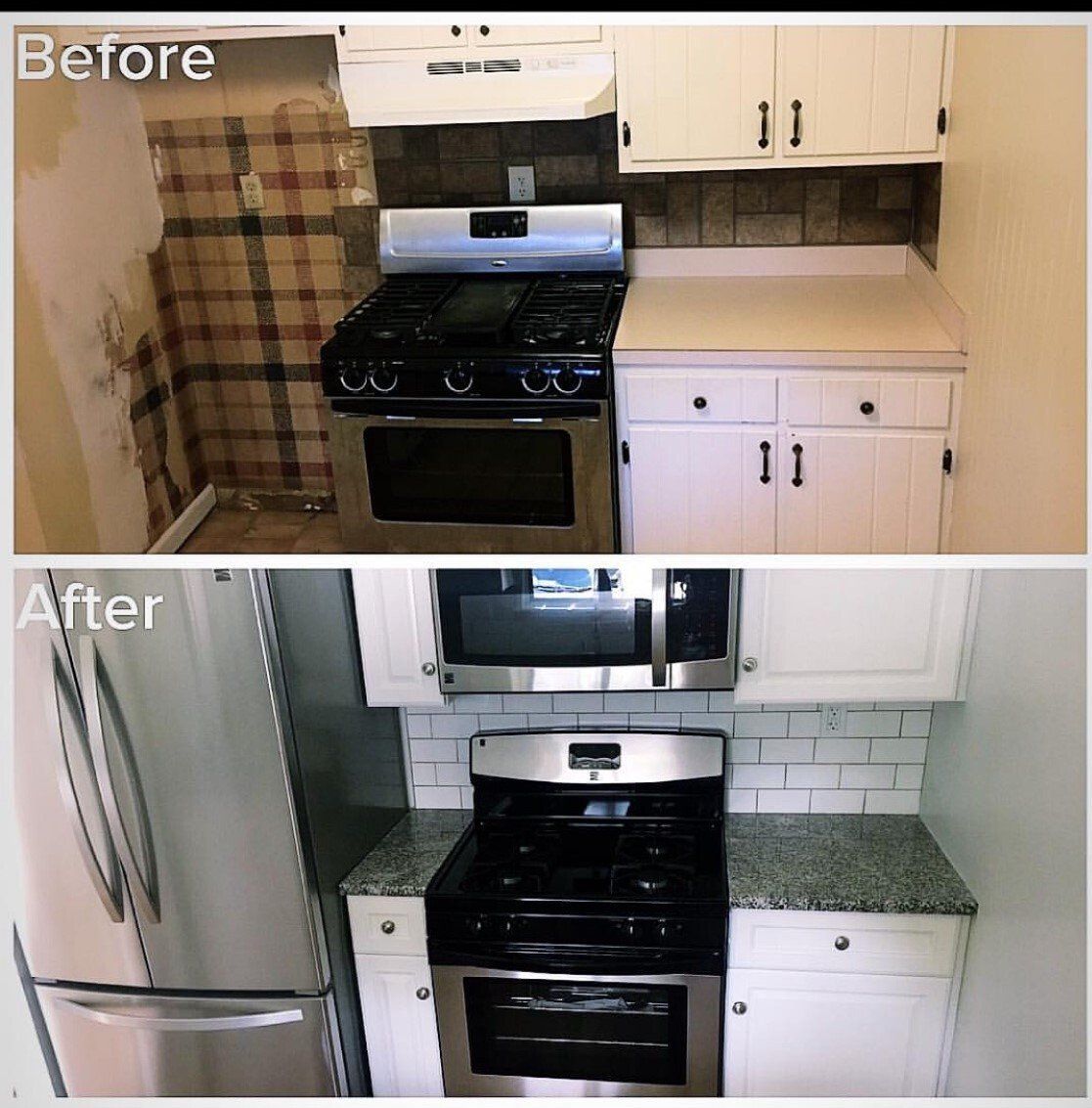 Kitchen renovation before and after: new cabinets, countertops, backsplash, microwave.