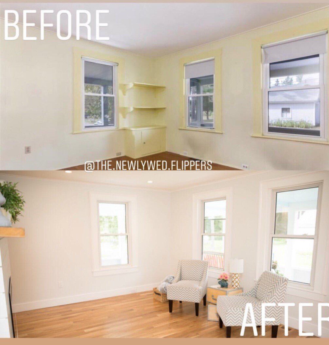 Before and after photo of a room remodel; yellow walls before, light walls after, wooden floors, two armchairs, windows.