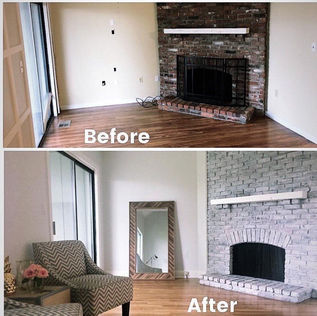 Side-by-side comparison of a room before and after renovation: changes to fireplace color, furniture, and flooring.