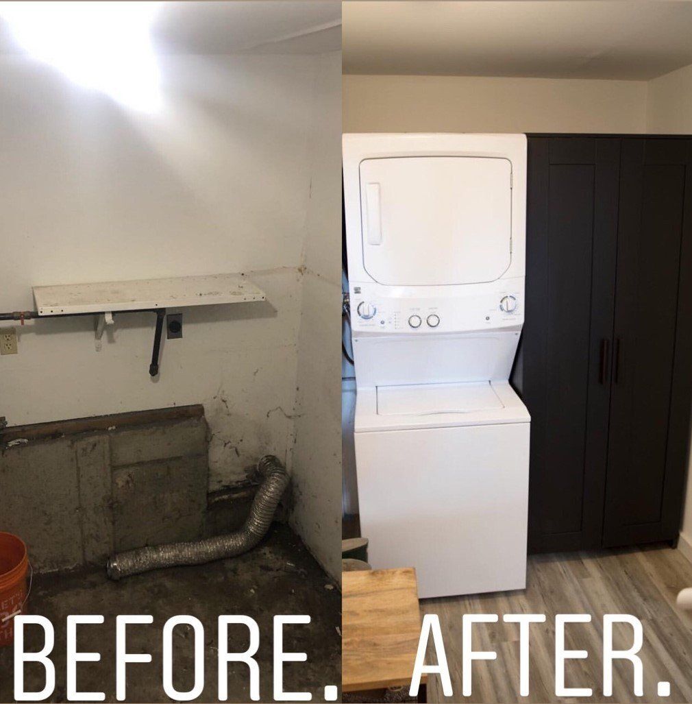 Laundry room renovation: before and after. Shows a messy space transformed with white appliances and black cabinet.