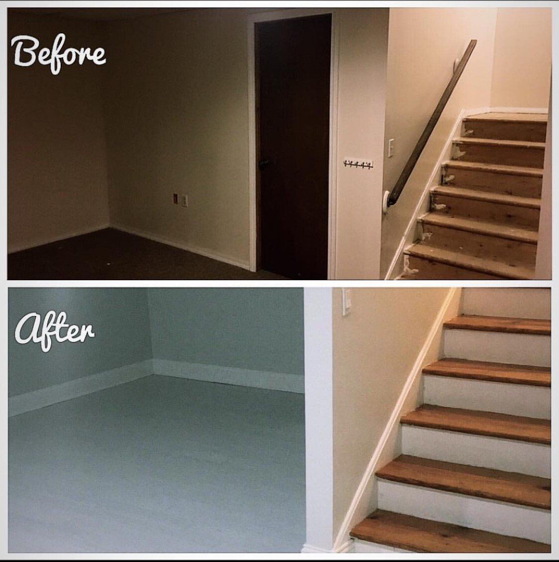 Before and after renovation photos of a room and staircase.  Room changes from beige to blue; staircase repainted.