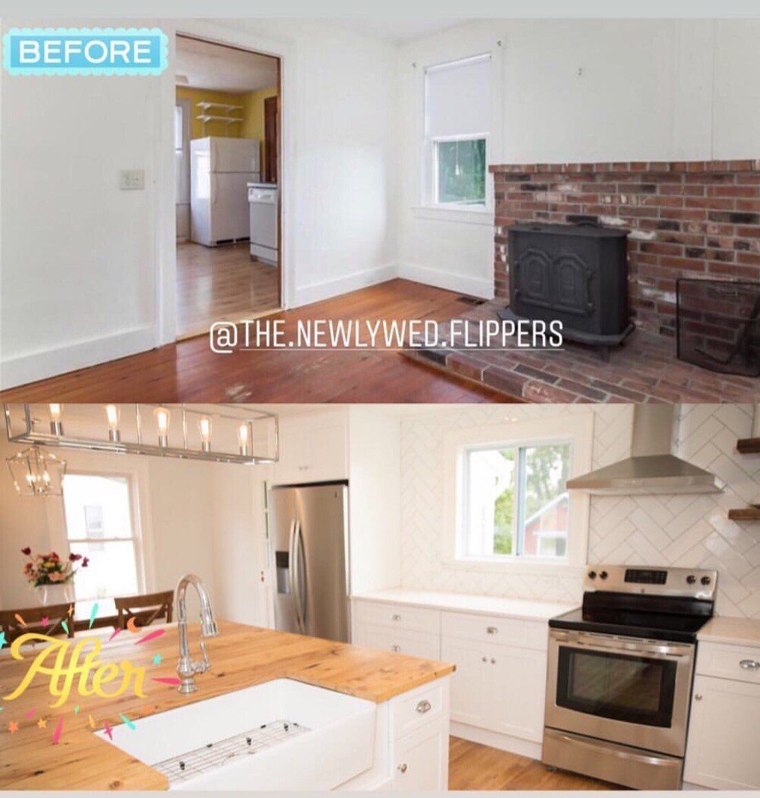 Before-and-after of a kitchen renovation; white cabinets, stainless steel appliances, brick fireplace, and wood floors.