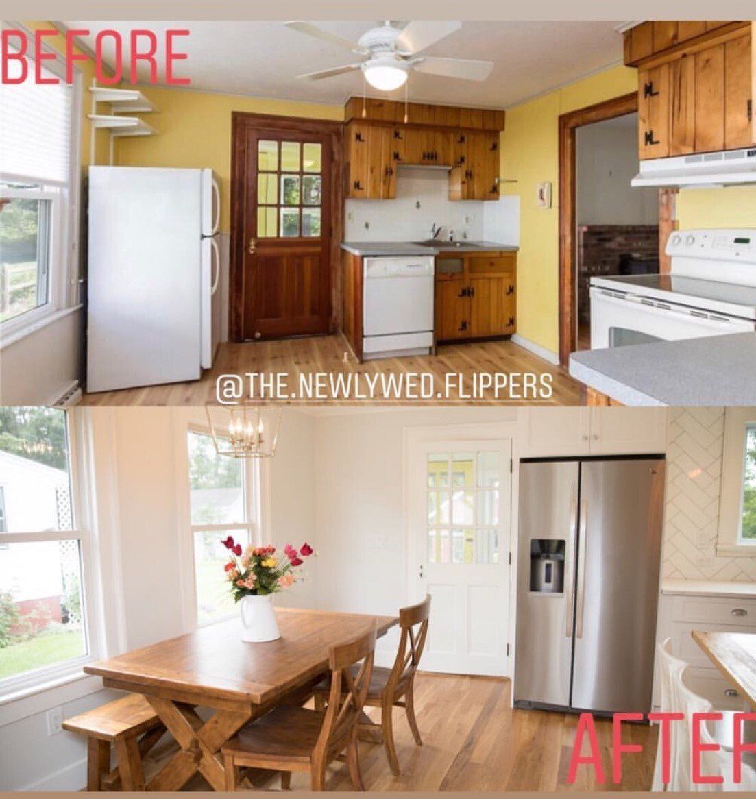 Before-and-after kitchen renovation; old yellow kitchen replaced with white and wood, new stainless steel appliances.
