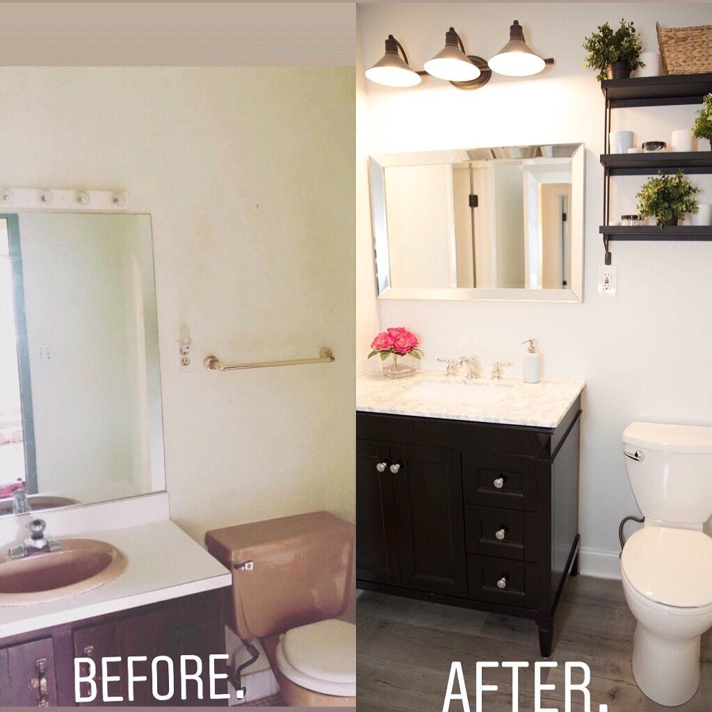 Bathroom renovation: before and after comparison. Old bathroom is dated; new one features a dark vanity and shelves.