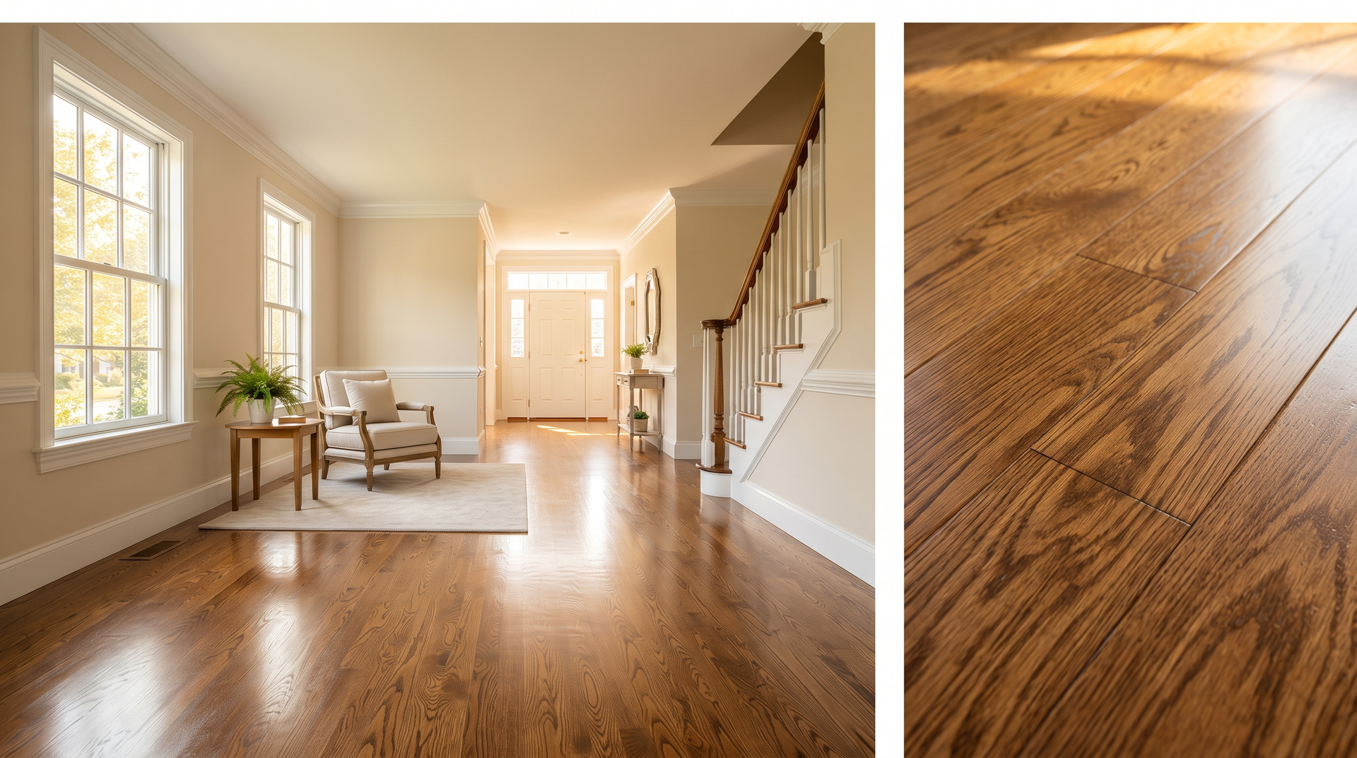 Open living room with hardwood floors, beige walls, staircase, and a close-up of the wood grain floor.