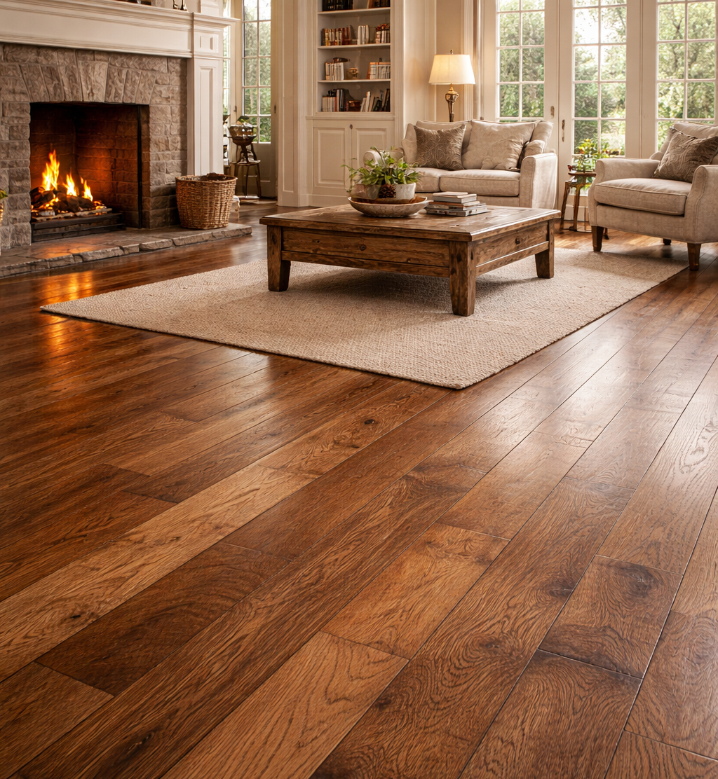 Wooden floor in a living room with a lit fireplace, rug, and furniture.
