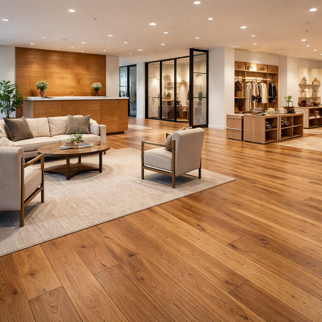 A well-lit, modern retail space. Features light wood flooring, a seating area, and clothing displays.