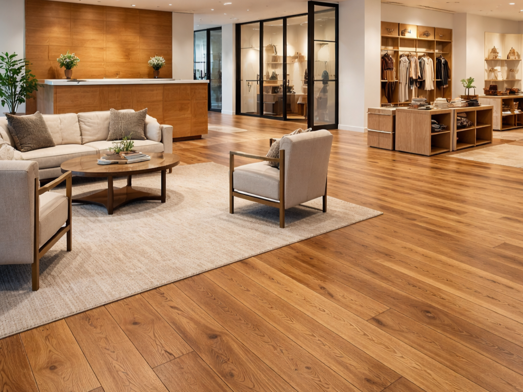 Upscale store interior with wooden floors, neutral-toned furniture, and clothing displays.