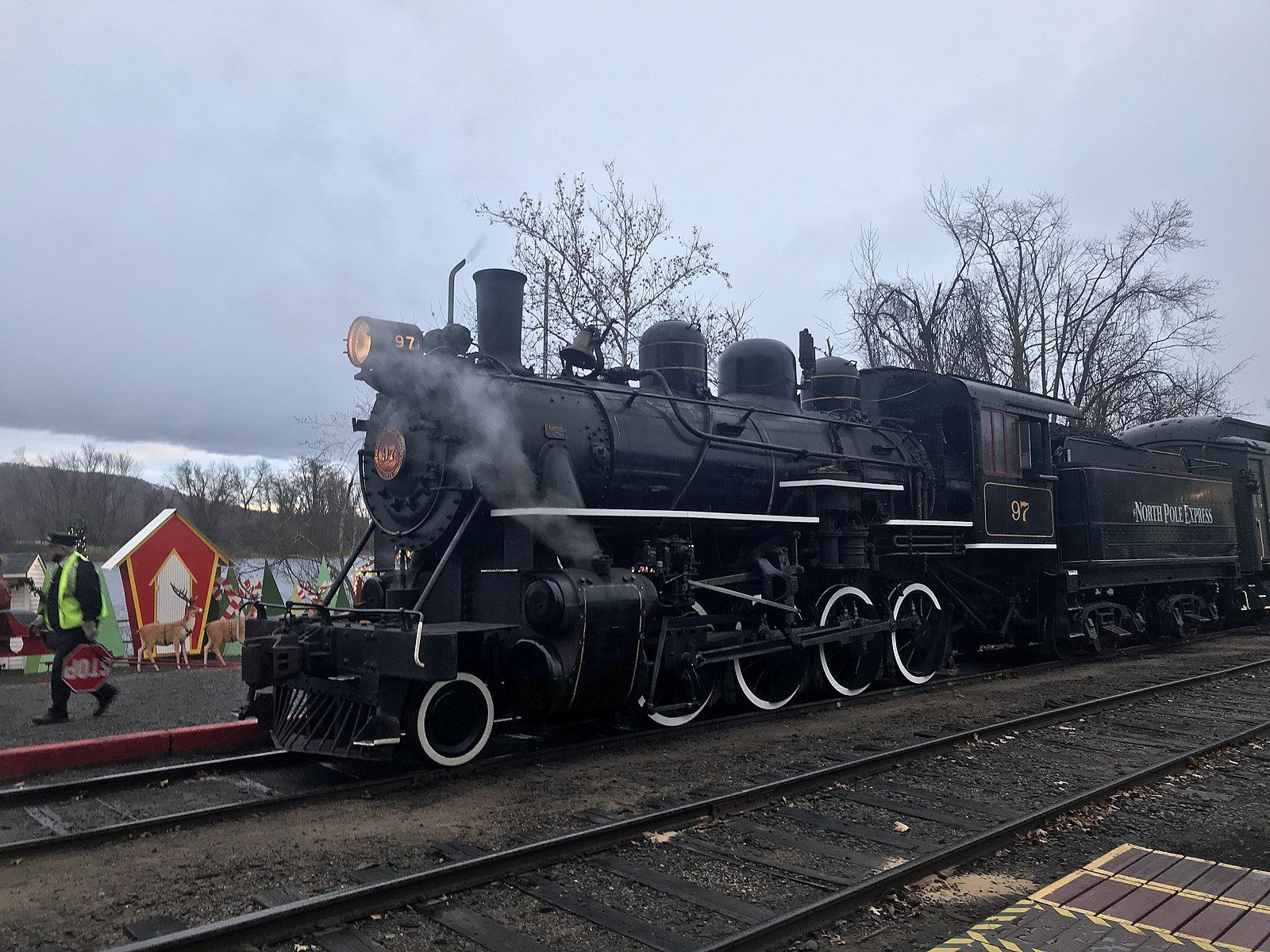 North Pole Express steam engine pulling into the station in Deep River, Connecticut