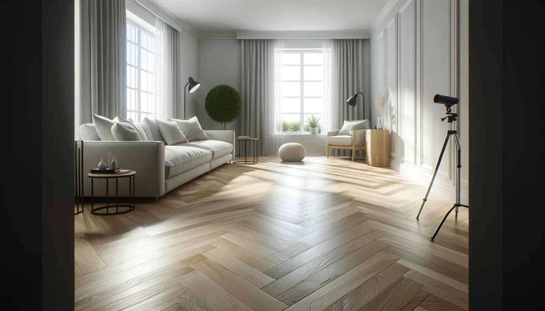 Furnished living room with refinished hardwood flooring