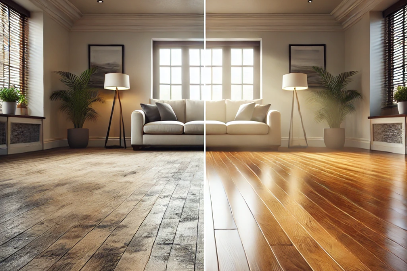 A before and after photo of a living room with a refinished hardwood flooring