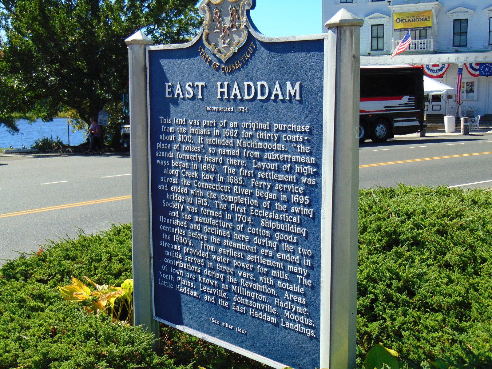 East Haddam, Connecticut historical sign declaring how the city was founded.